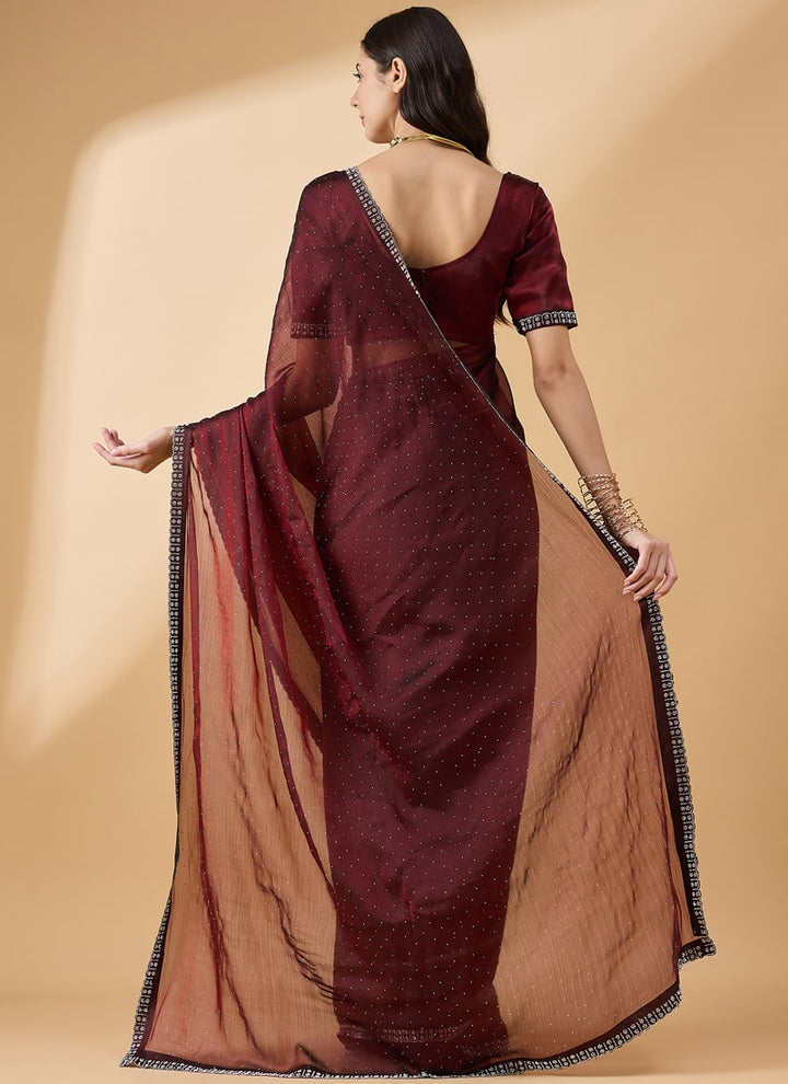 Lassya Fashion Brown Party Wear Organza Saree with Stone and Swarovski Work