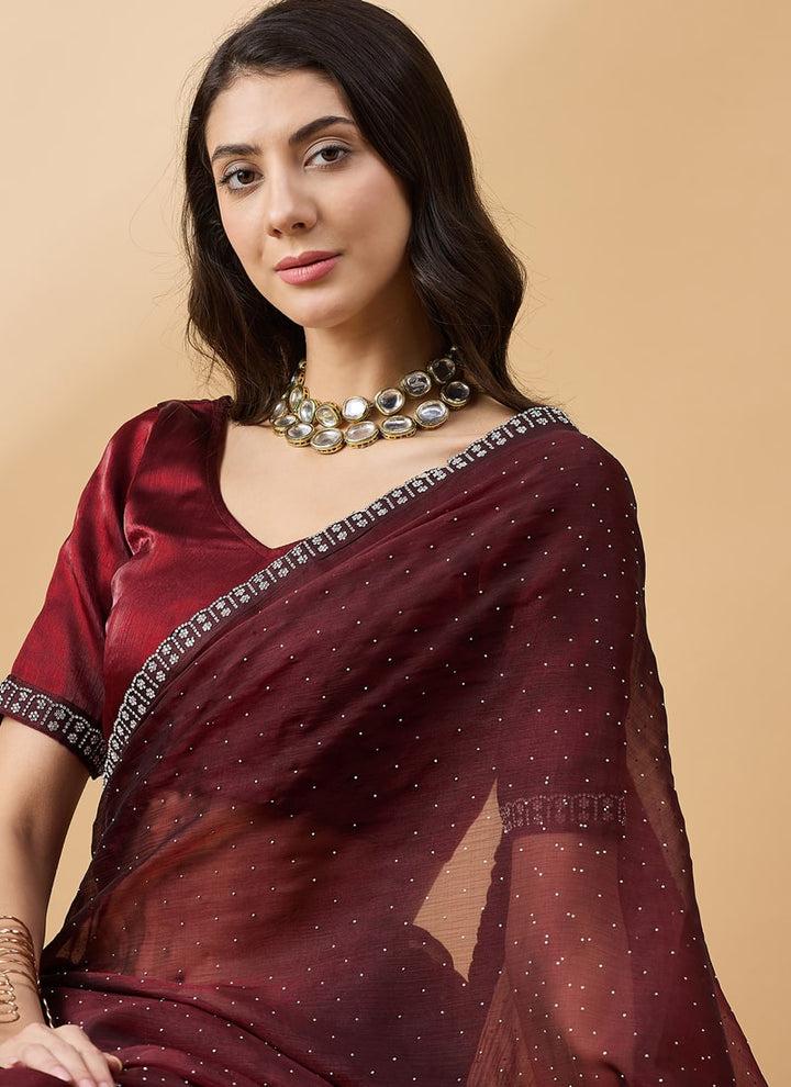 Lassya Fashion Brown Party Wear Organza Saree with Stone and Swarovski Work