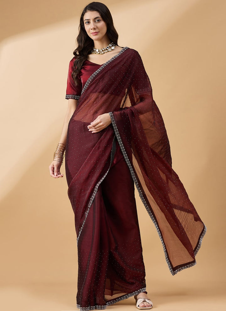 Lassya Fashion Brown Party Wear Organza Saree with Stone and Swarovski Work