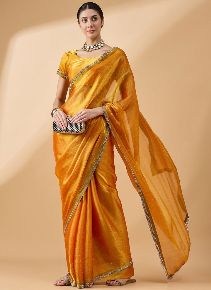 Lassya Fashion Yellow-1 Party Wear Organza Saree with Stone and Swarovski Work