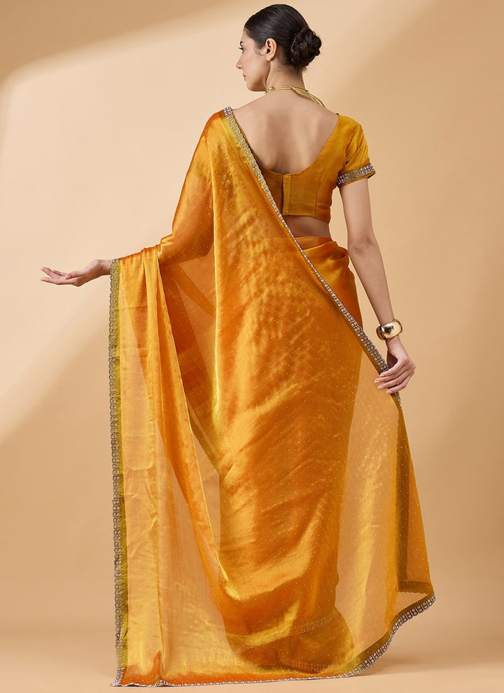 Lassya Fashion Yellow-1 Party Wear Organza Saree with Stone and Swarovski Work