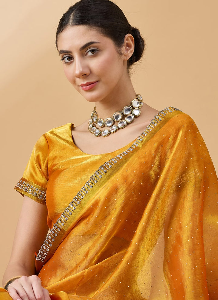 Lassya Fashion Yellow-1 Party Wear Organza Saree with Stone and Swarovski Work