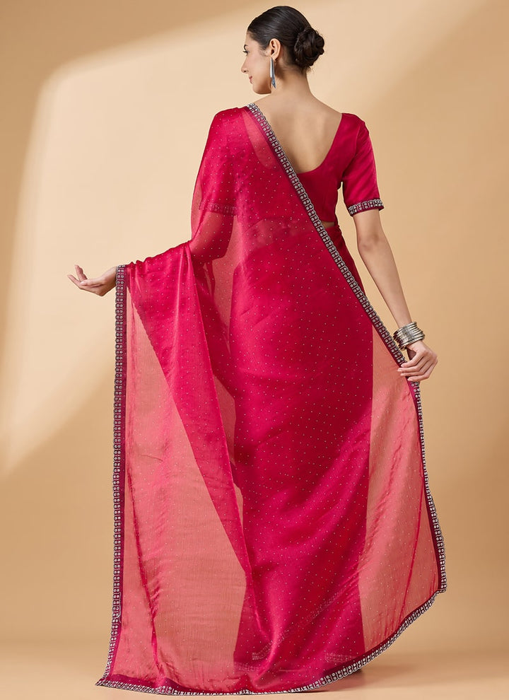 Lassya Fashion Rani Pink-2 Party Wear Organza Saree with Stone and Swarovski Work