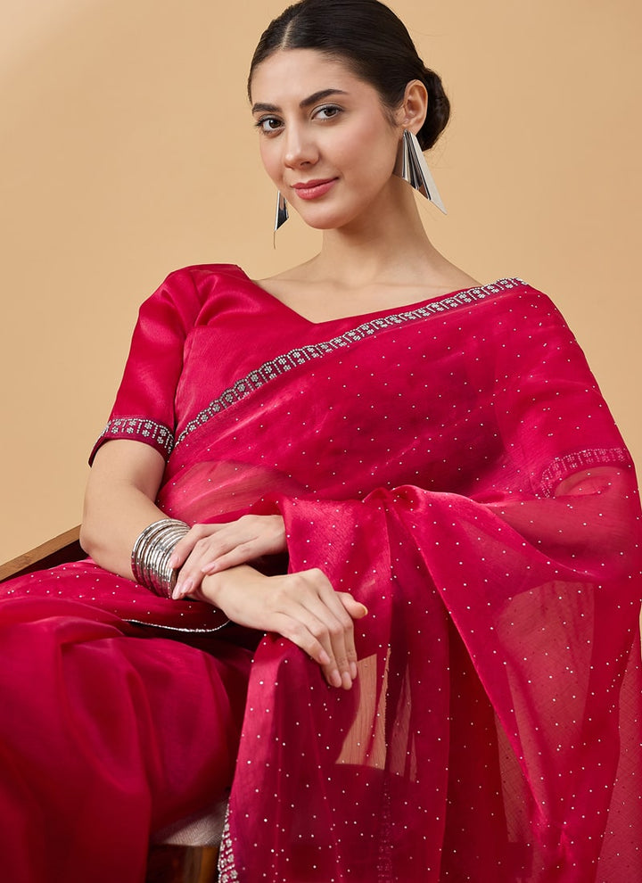 Lassya Fashion Rani Pink-2 Party Wear Organza Saree with Stone and Swarovski Work