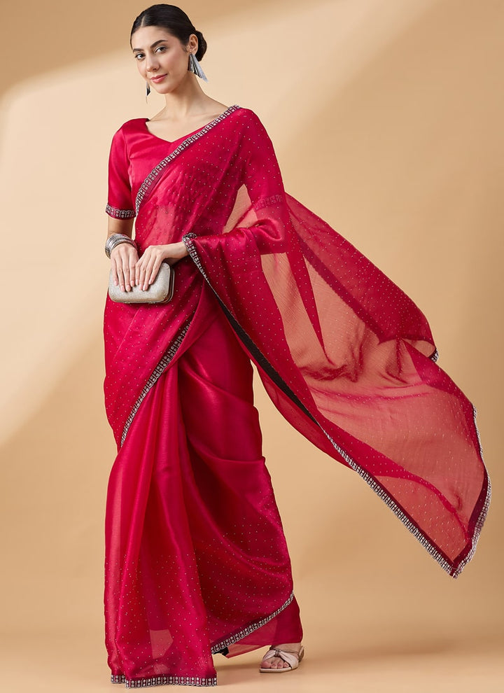 Lassya Fashion Rani Pink-2 Party Wear Organza Saree with Stone and Swarovski Work