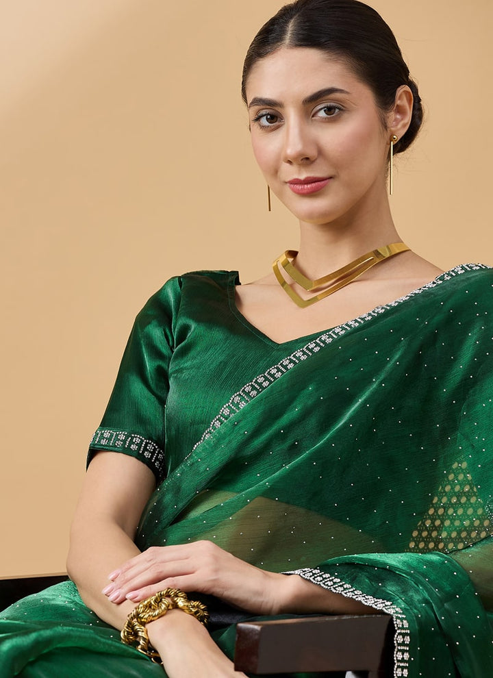 Lassya Fashion Green-1 Party Wear Organza Saree with Stone and Swarovski Work