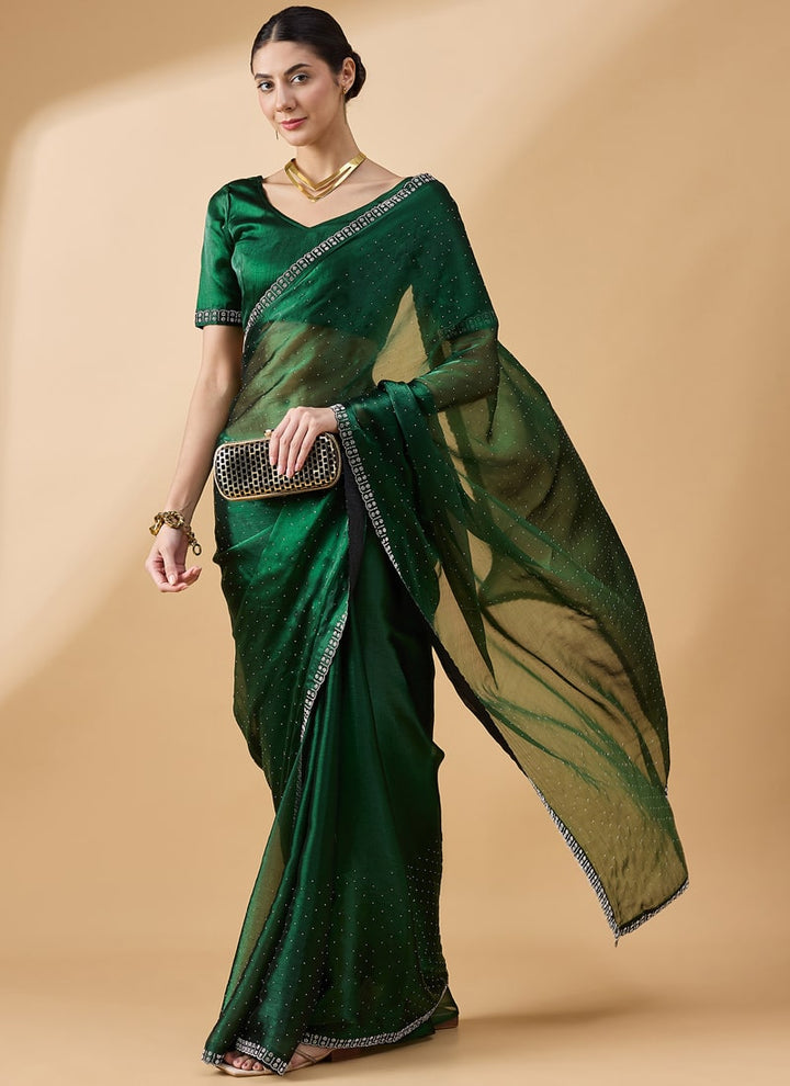 Lassya Fashion Green-1 Party Wear Organza Saree with Stone and Swarovski Work