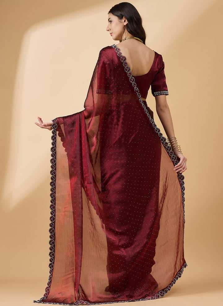 Lassya Fashion Brown-Red Party Wear Organza Saree with Stone and Swarovski Work