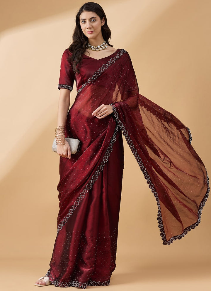 Lassya Fashion Brown-Red Party Wear Organza Saree with Stone and Swarovski Work