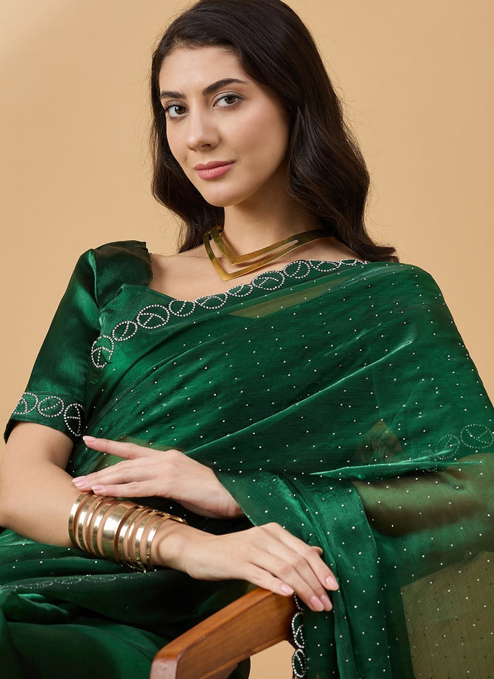 Lassya Fashion Green-2 Party Wear Organza Saree with Stone and Swarovski Work