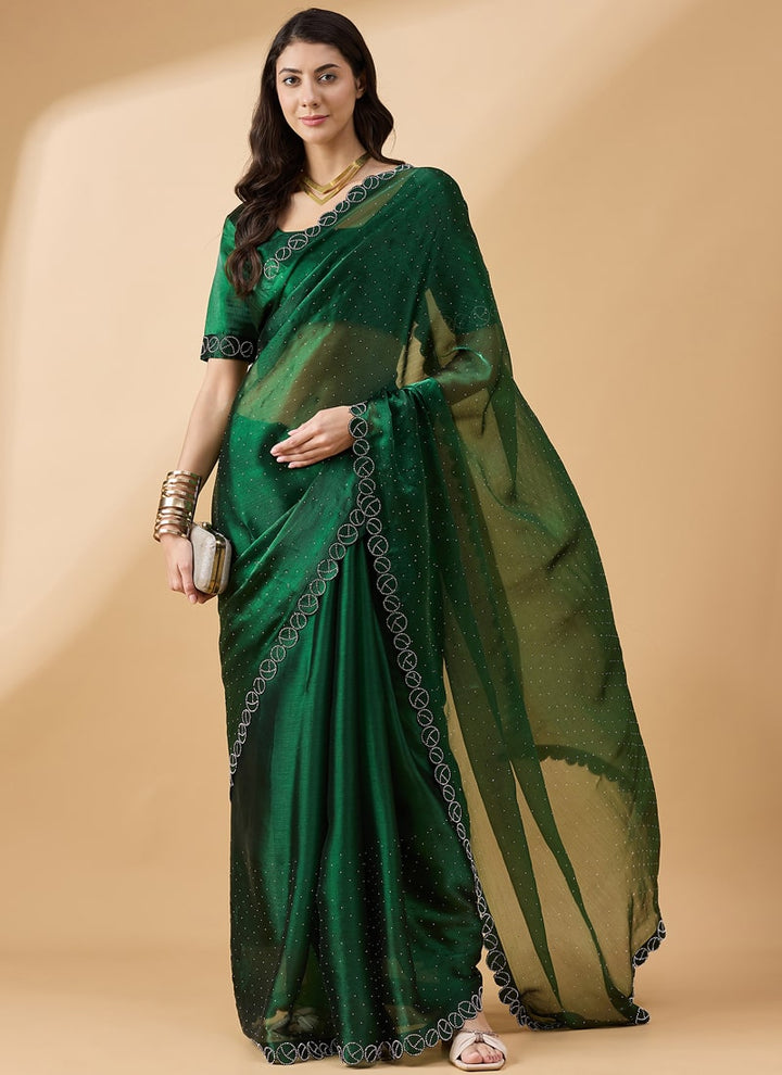 Lassya Fashion Green-2 Party Wear Organza Saree with Stone and Swarovski Work