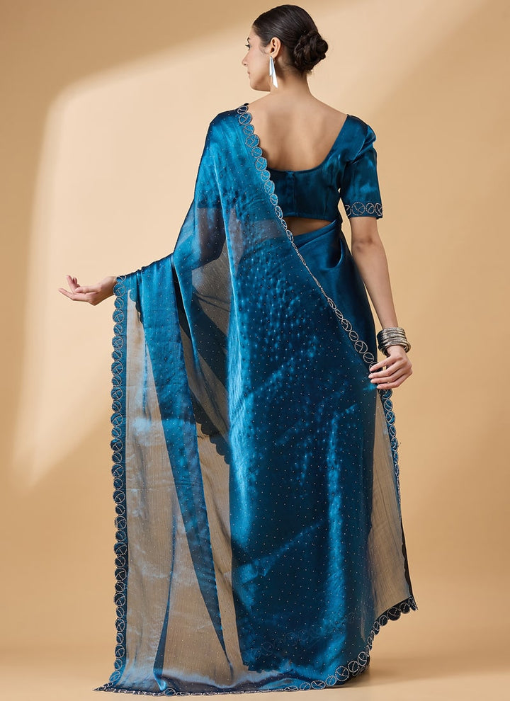 Lassya Fashion Royal Blue-2 Party Wear Organza Saree with Stone and Swarovski Work