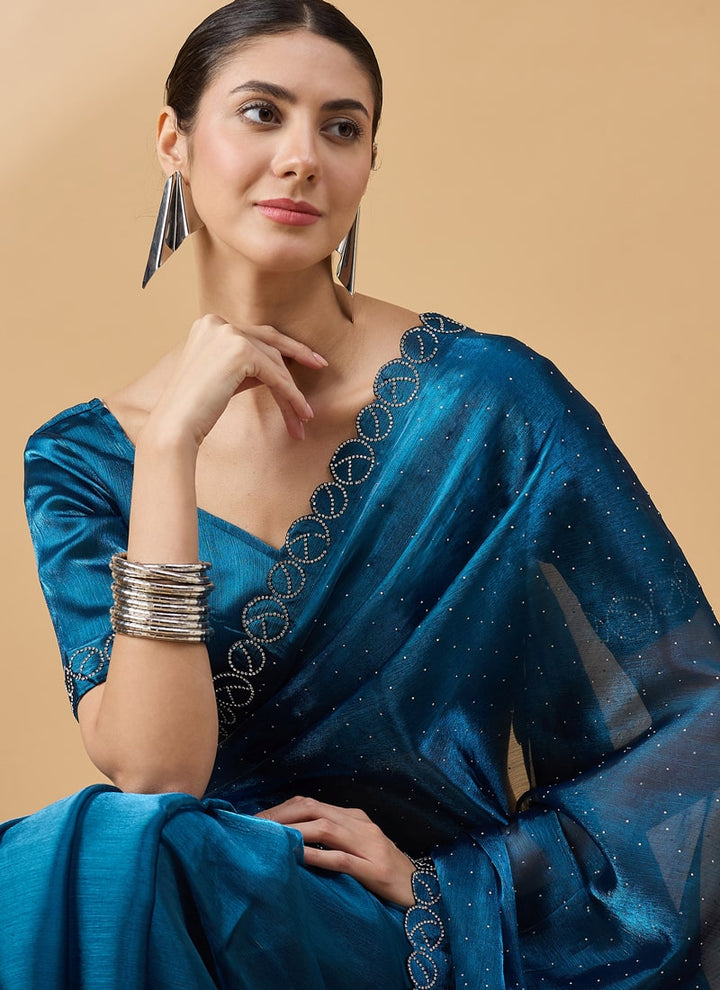 Lassya Fashion Royal Blue-2 Party Wear Organza Saree with Stone and Swarovski Work