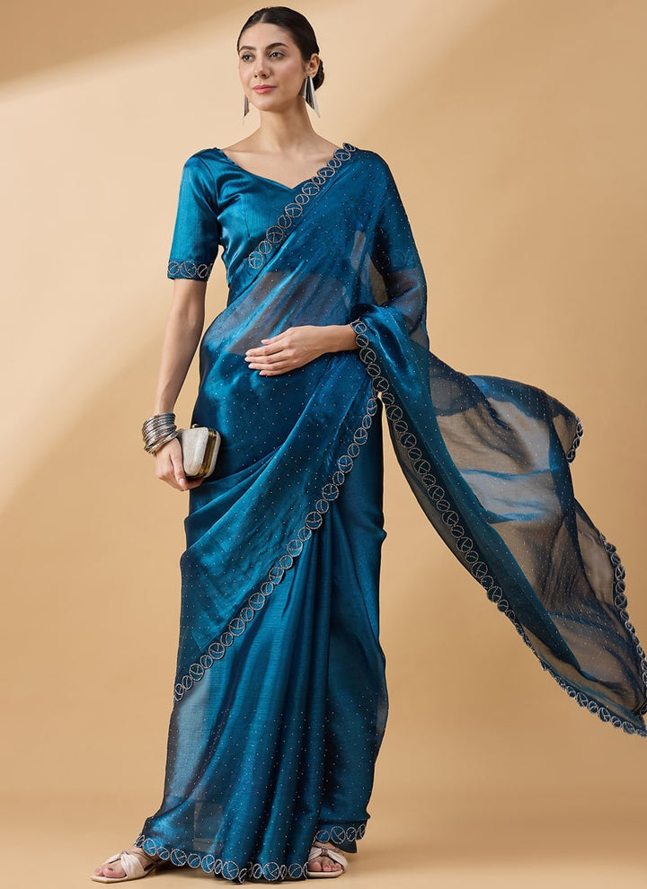 Lassya Fashion Royal Blue-2 Party Wear Organza Saree with Stone and Swarovski Work