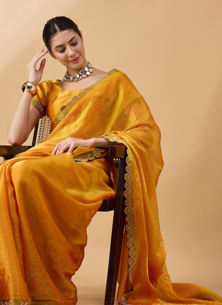 Lassya Fashion Yellow-2 Party Wear Organza Saree with Stone and Swarovski Work