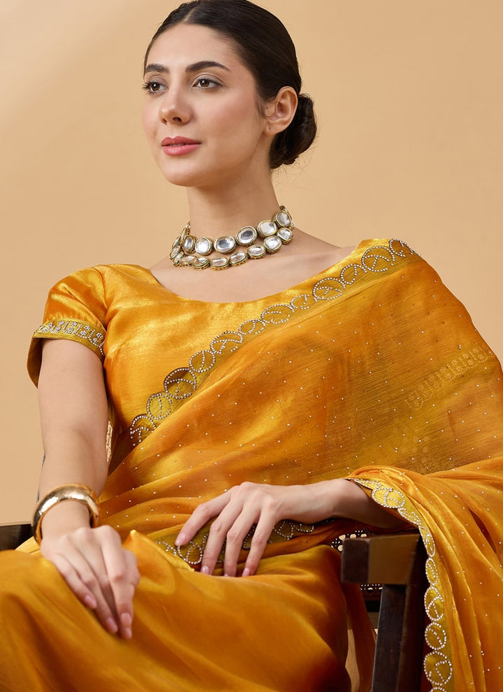 Lassya Fashion Yellow-2 Party Wear Organza Saree with Stone and Swarovski Work