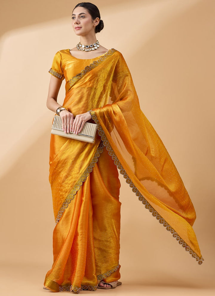 Lassya Fashion Yellow-2 Party Wear Organza Saree with Stone and Swarovski Work