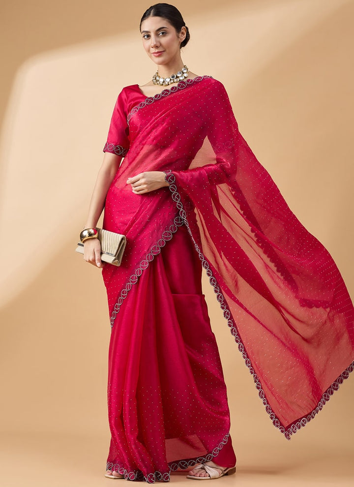 Lassya Fashion Rani Pink-2 Party Wear Organza Saree with Stone and Swarovski Work