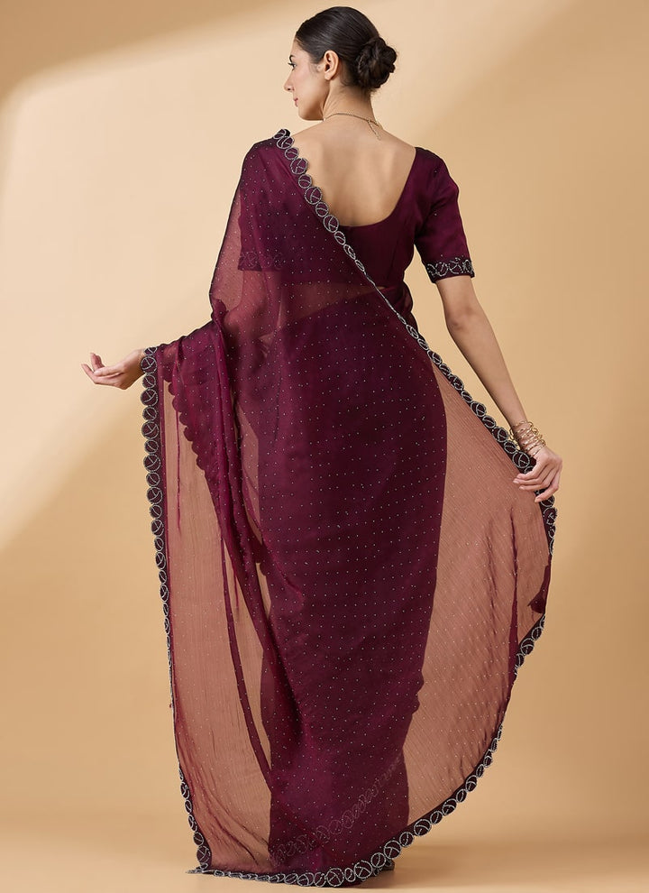 Lassya Fashion Maroon-2 Party Wear Organza Saree with Stone and Swarovski Work