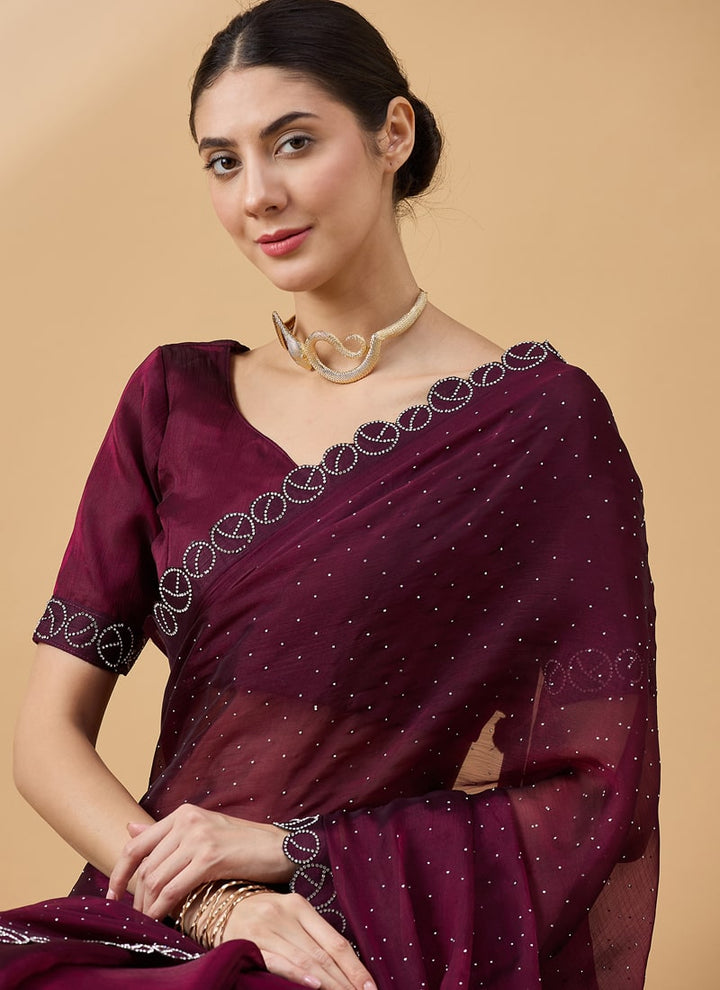 Lassya Fashion Maroon-2 Party Wear Organza Saree with Stone and Swarovski Work