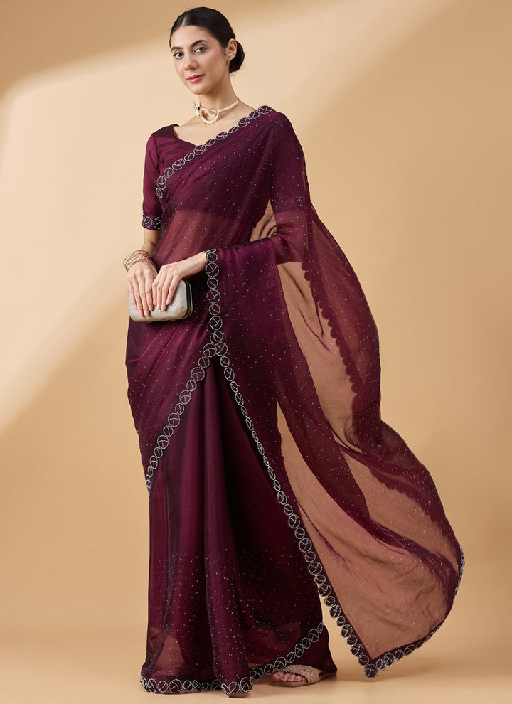 Lassya Fashion Maroon-2 Party Wear Organza Saree with Stone and Swarovski Work