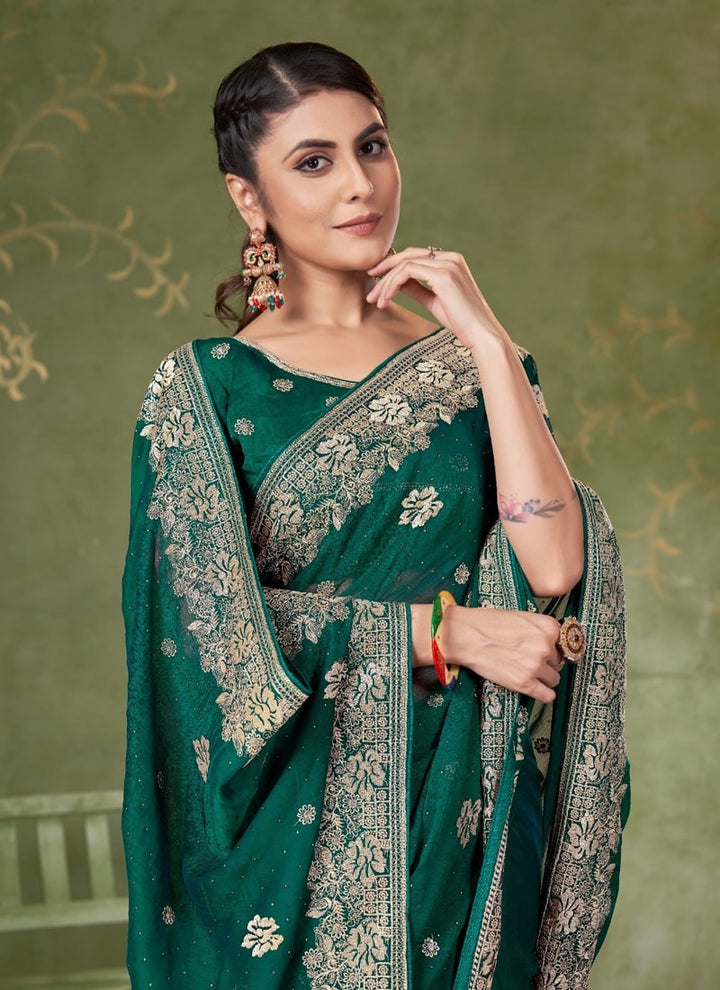 Lassya Fashion Forest Green Festive Wear Samundar Chiffon Saree