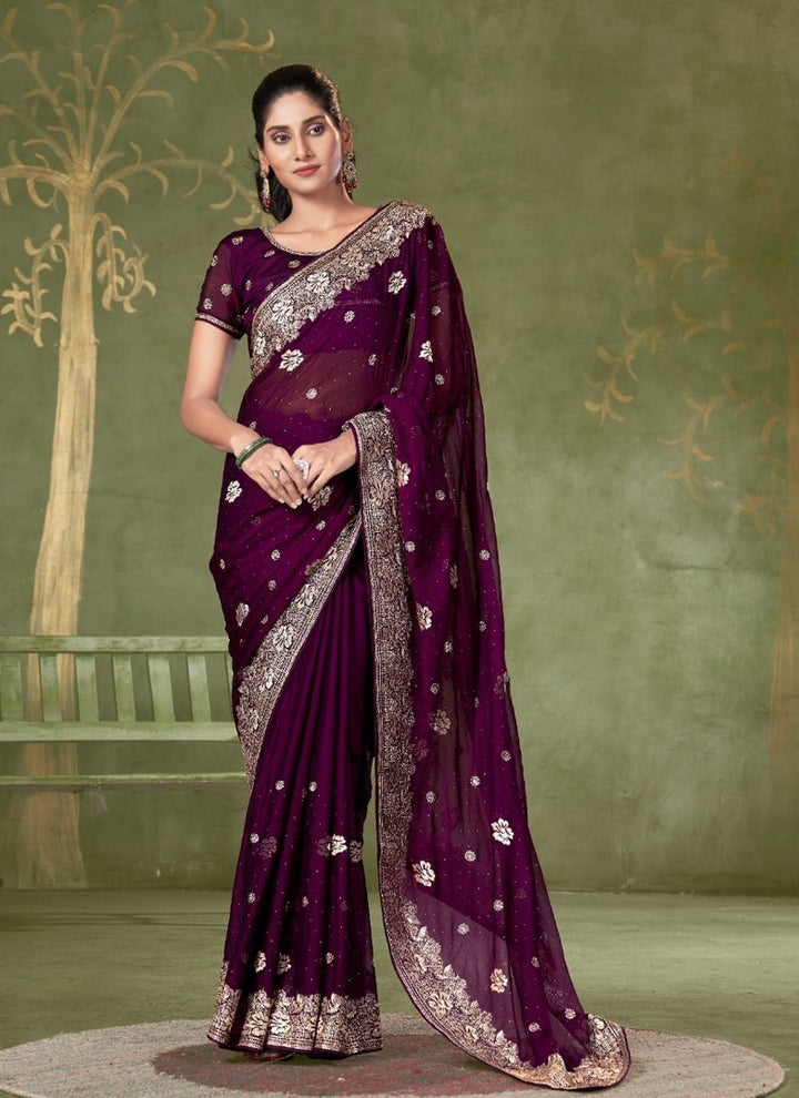 Lassya Fashion Purple Festive Wear Samundar Chiffon Saree