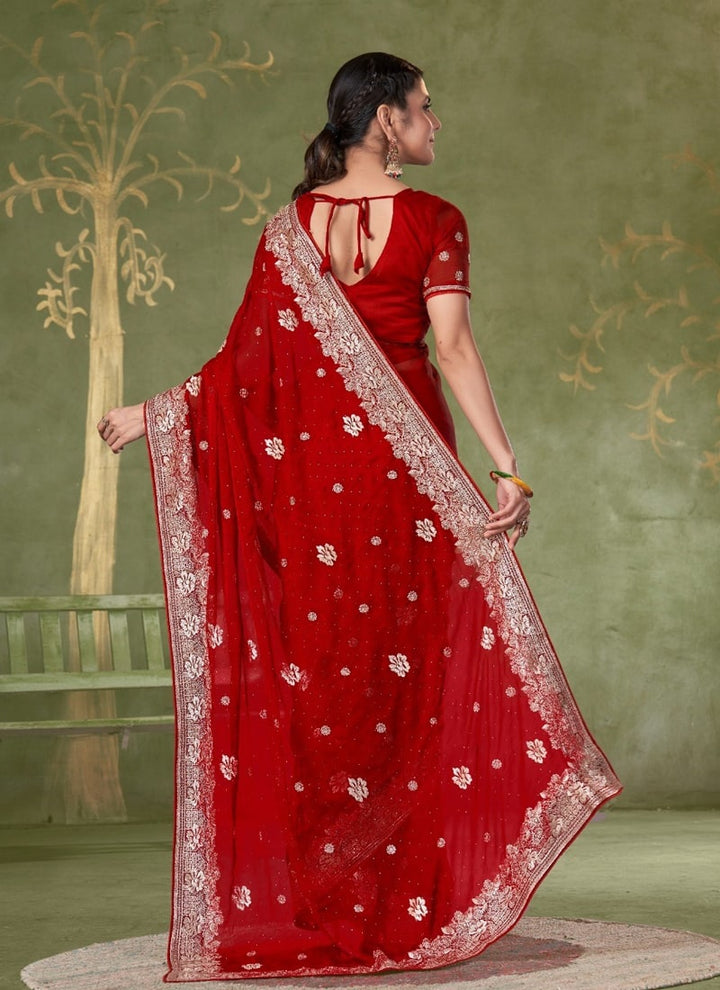 Lassya Fashion Red Festive Wear Samundar Chiffon Saree