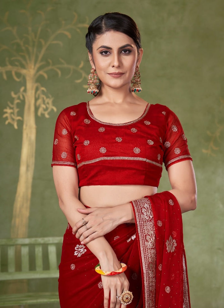 Lassya Fashion Red Festive Wear Samundar Chiffon Saree