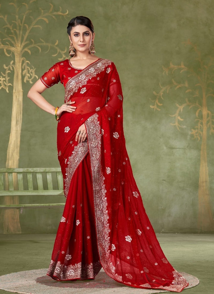 Lassya Fashion Red Festive Wear Samundar Chiffon Saree