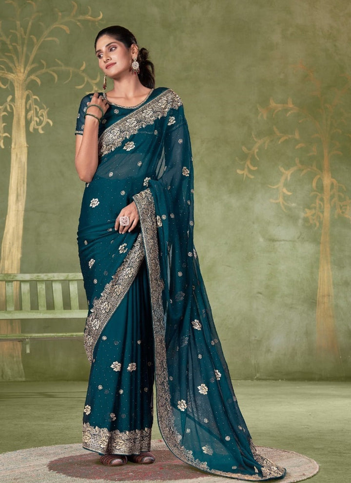 Lassya Fashion Teal Green Festive Wear Samundar Chiffon Saree