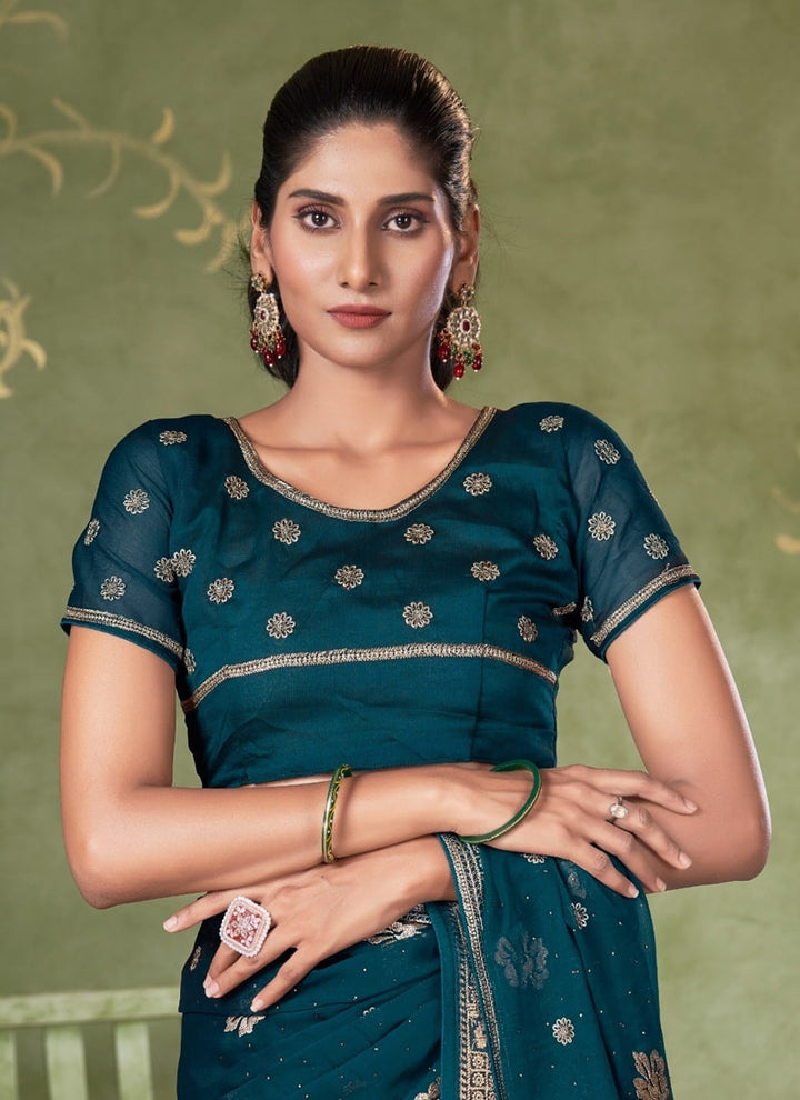 Lassya Fashion Teal Green Festive Wear Samundar Chiffon Saree