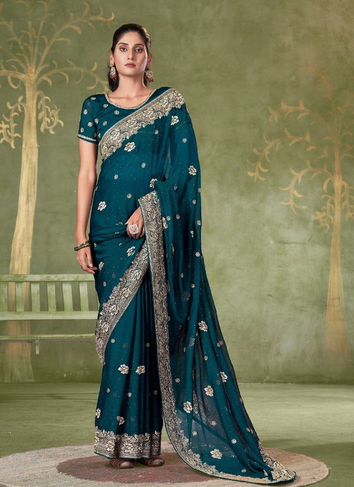 Lassya Fashion Teal Green Festive Wear Samundar Chiffon Saree