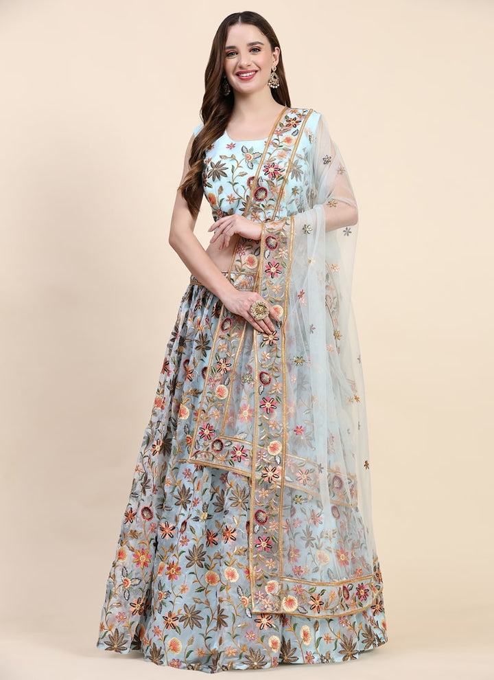 Lassya Fashion Sky Blue Exquisite Designer Lehenga with Hand-Embroidered Blouse