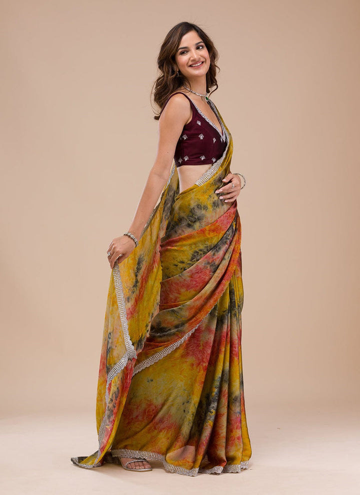 Lassya Fashion Mustard yellow Party Wear Saree with Designer Print and Hand Stone Work