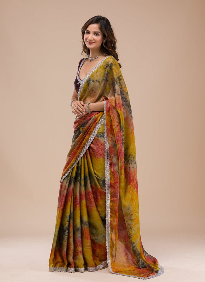 Lassya Fashion Mustard yellow Party Wear Saree with Designer Print and Hand Stone Work