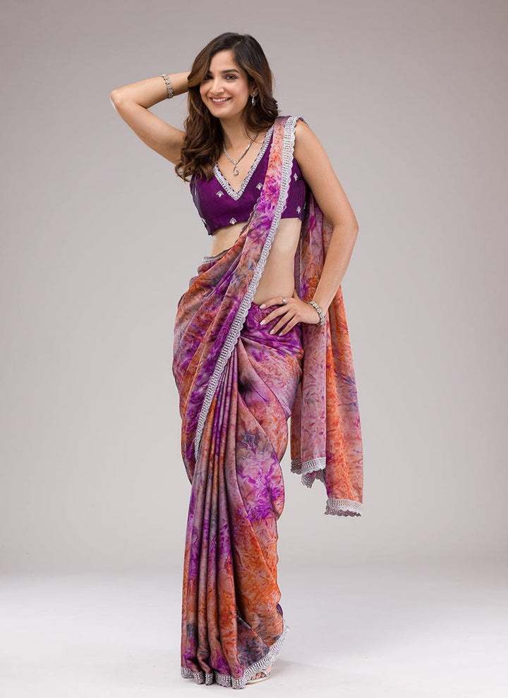 Lassya Fashion Purple Party Wear Saree with Designer Print and Hand Stone Work