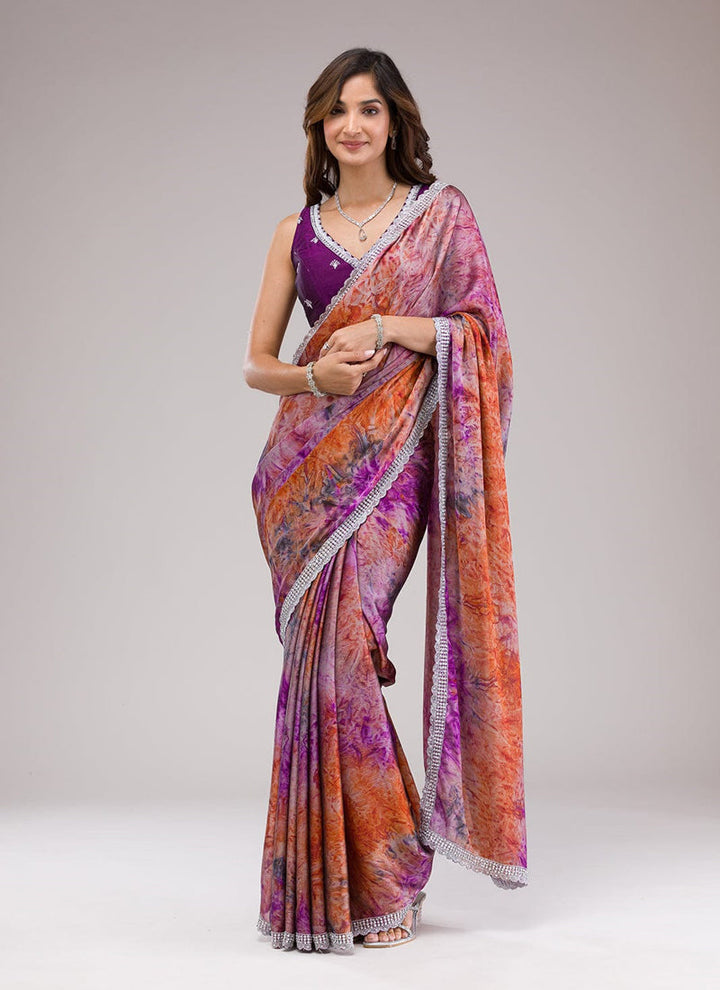 Lassya Fashion Purple Party Wear Saree with Designer Print and Hand Stone Work