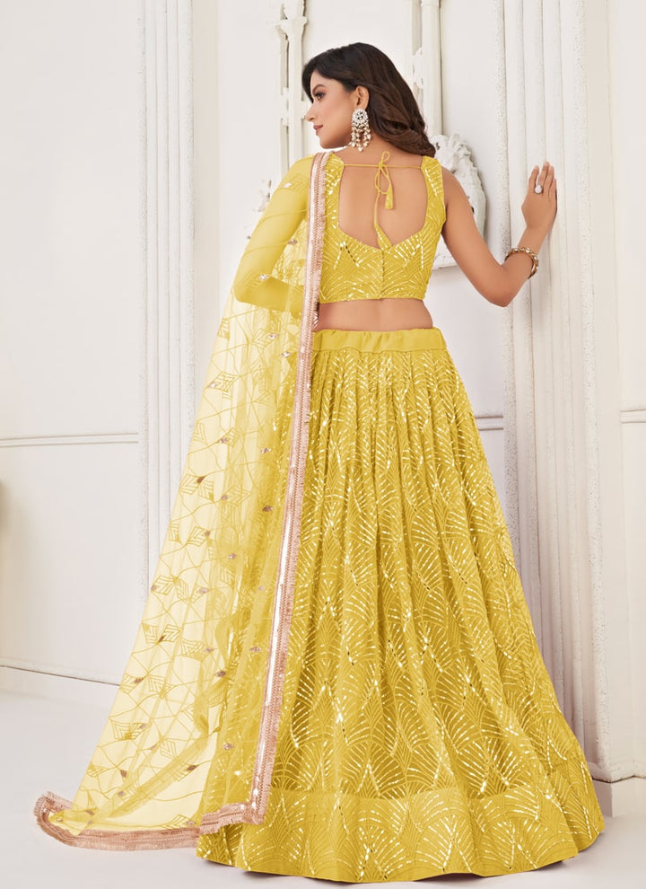 Lassya Fashion Yellow Engagement Lehenga Set with Butterfly Net Fabric