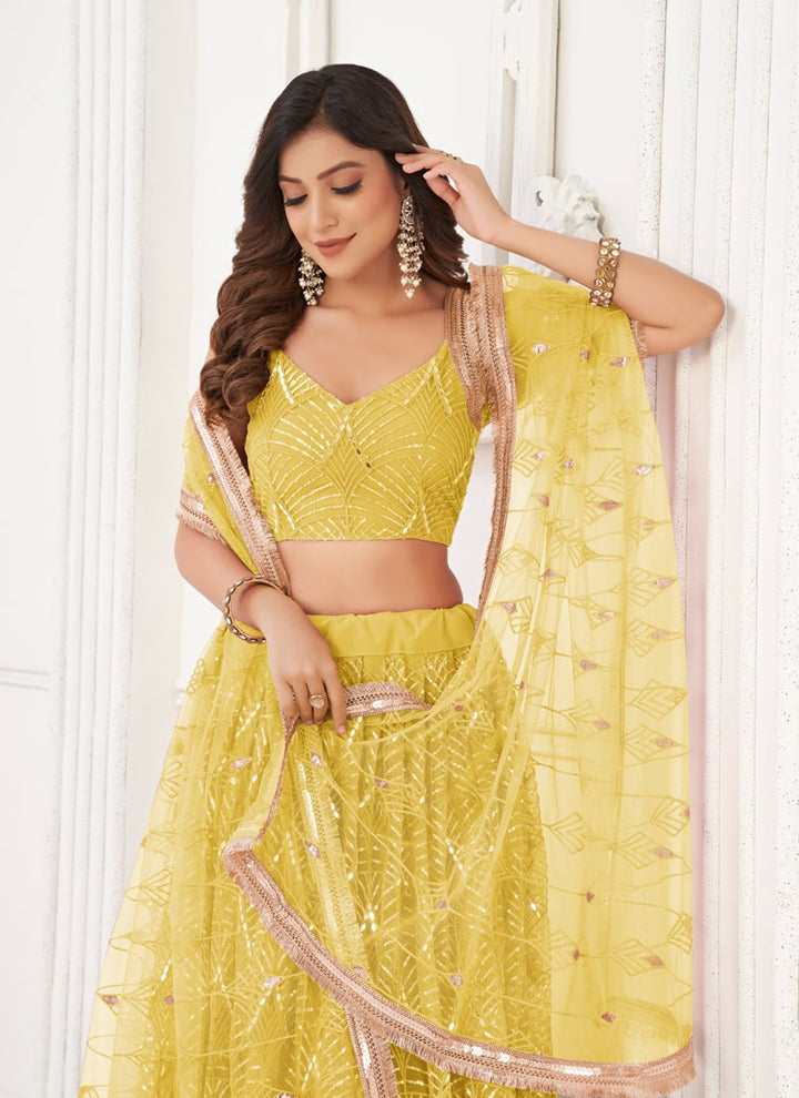 Lassya Fashion Yellow Engagement Lehenga Set with Butterfly Net Fabric