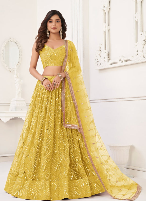 Lassya Fashion Yellow Engagement Lehenga Set with Butterfly Net Fabric