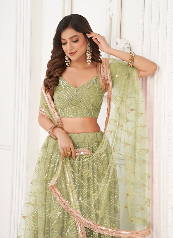 Lassya Fashion Pista Green Engagement Lehenga Set with Butterfly Net Fabric