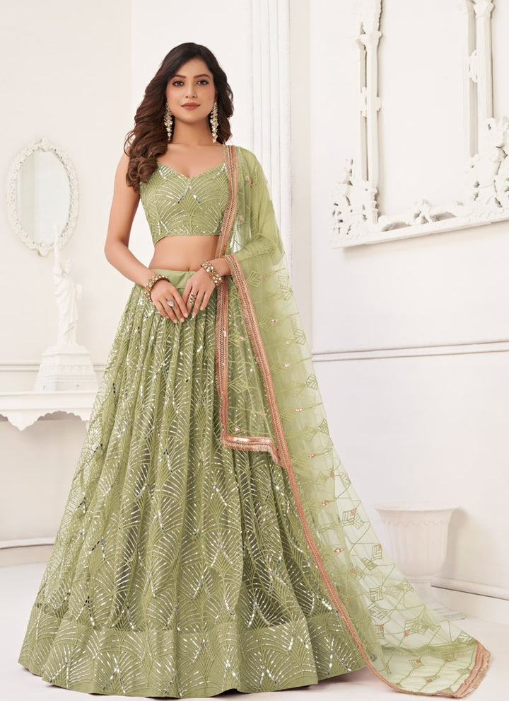 Lassya Fashion Pista Green Engagement Lehenga Set with Butterfly Net Fabric