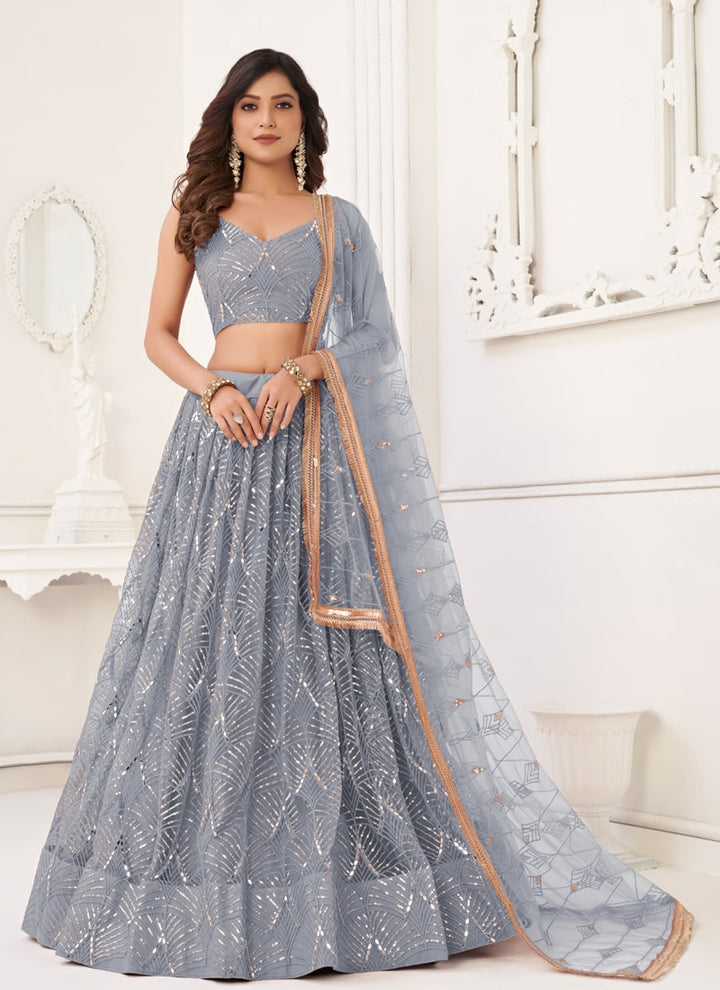 Lassya Fashion Grey Engagement Lehenga Set with Butterfly Net Fabric