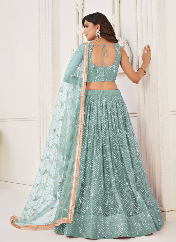 Lassya Fashion Sky Blue Engagement Lehenga Set with Butterfly Net Fabric