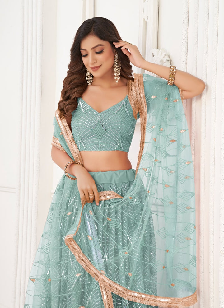 Lassya Fashion Sky Blue Engagement Lehenga Set with Butterfly Net Fabric