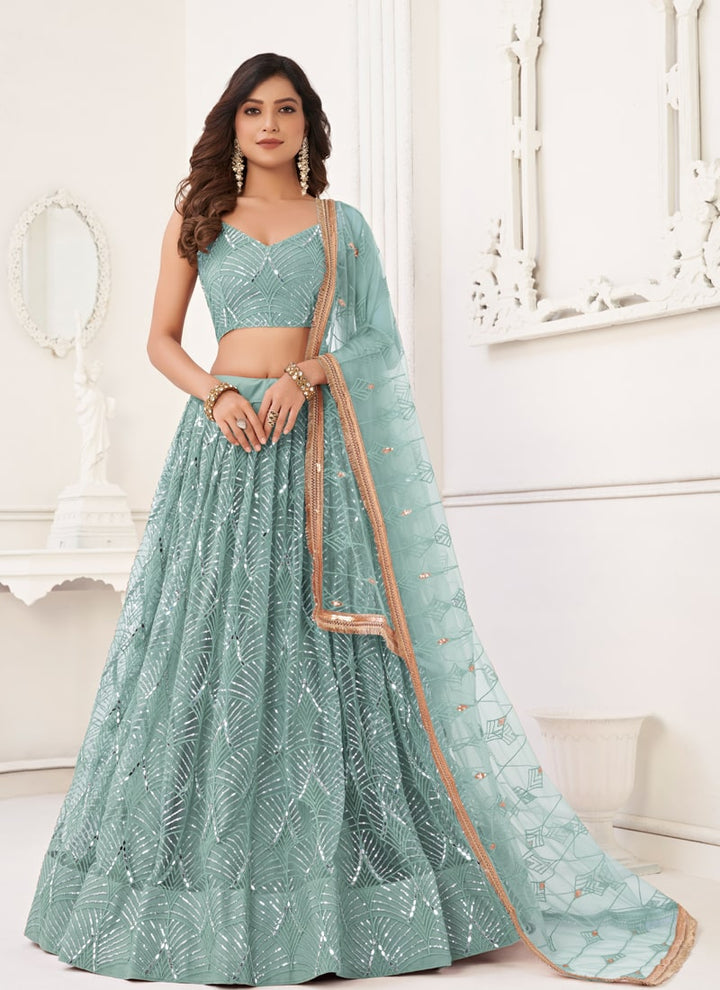 Lassya Fashion Sky Blue Engagement Lehenga Set with Butterfly Net Fabric