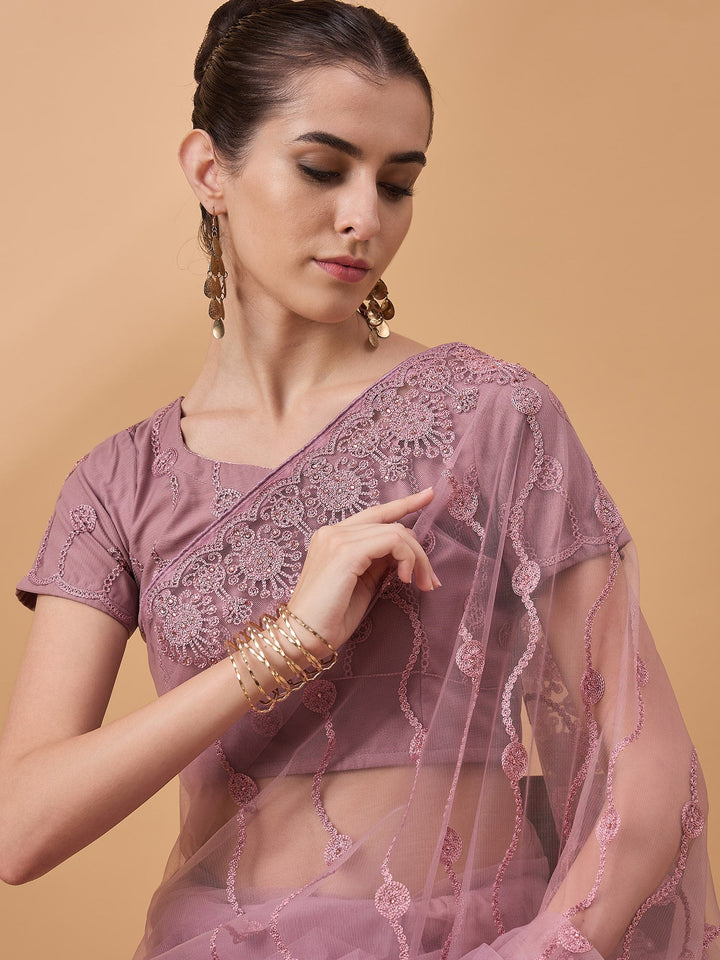 Lassya Fashion Pink Party Wear Floral Mirror Work Net Saree