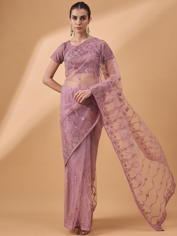 Lassya Fashion Pink Party Wear Floral Mirror Work Net Saree