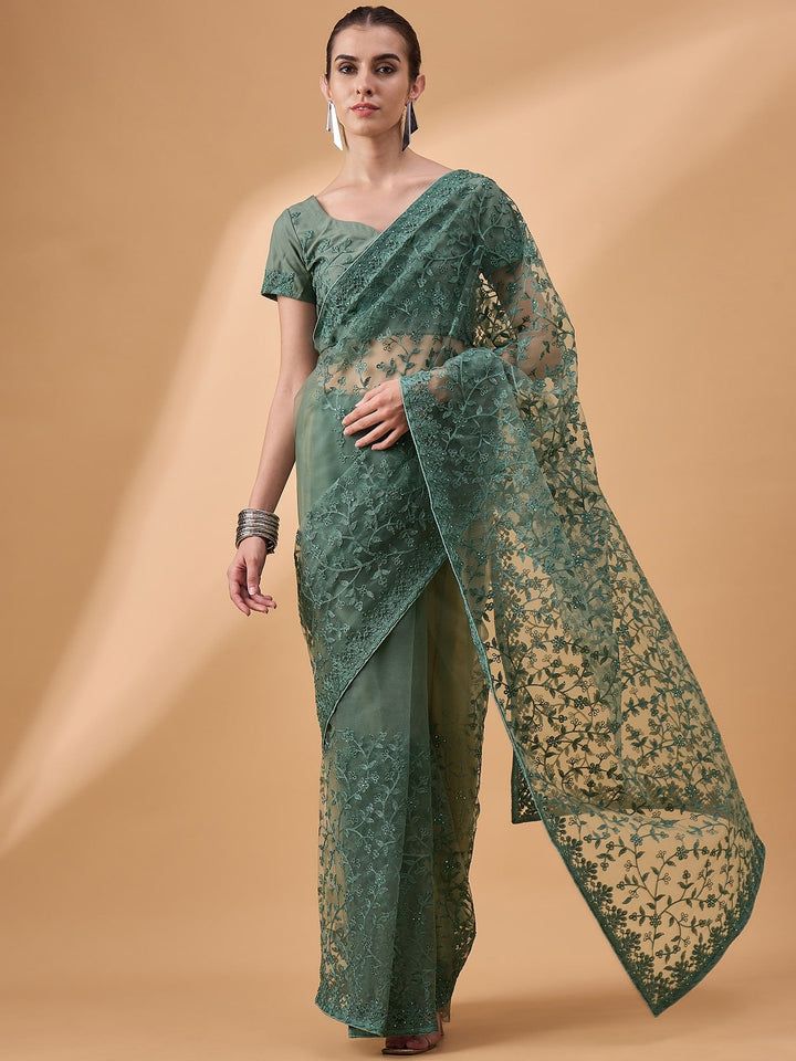 Lassya Fashion Green Party Wear Floral Mirror Work Net Saree